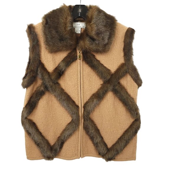 Lisa International Wool Vest Mock Neck Knit Top Set M Faux Fur Trim Brown Tan - Picture 12 of 16